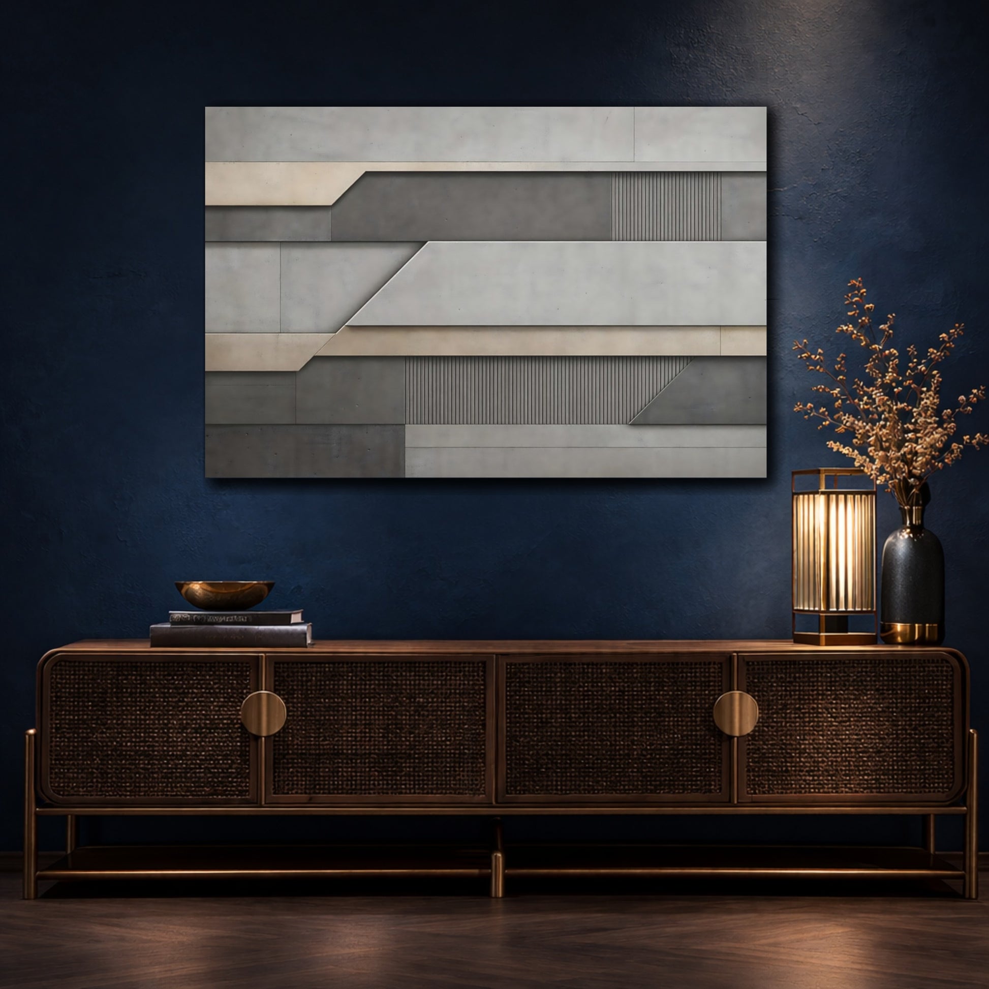Mockup 4. Abstract Geometric Shapes Grey And Beige shown as stretched canvas wall art
