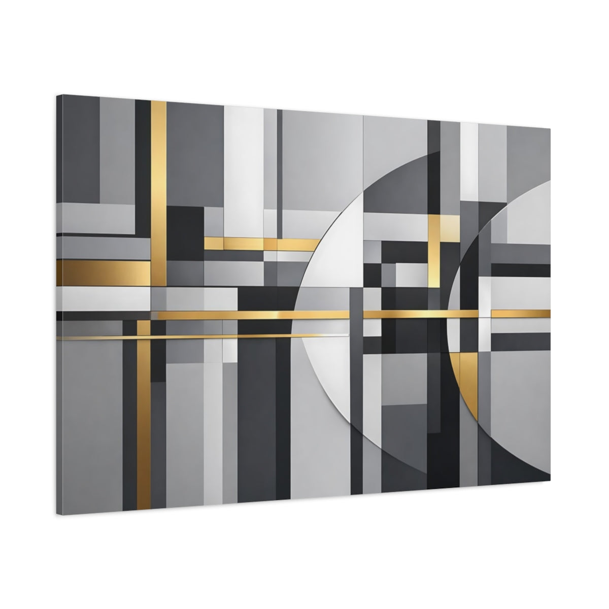 Main Mockup. Abstract Geometric Shapes Grey Gold Abstract shown as stretched canvas wall art