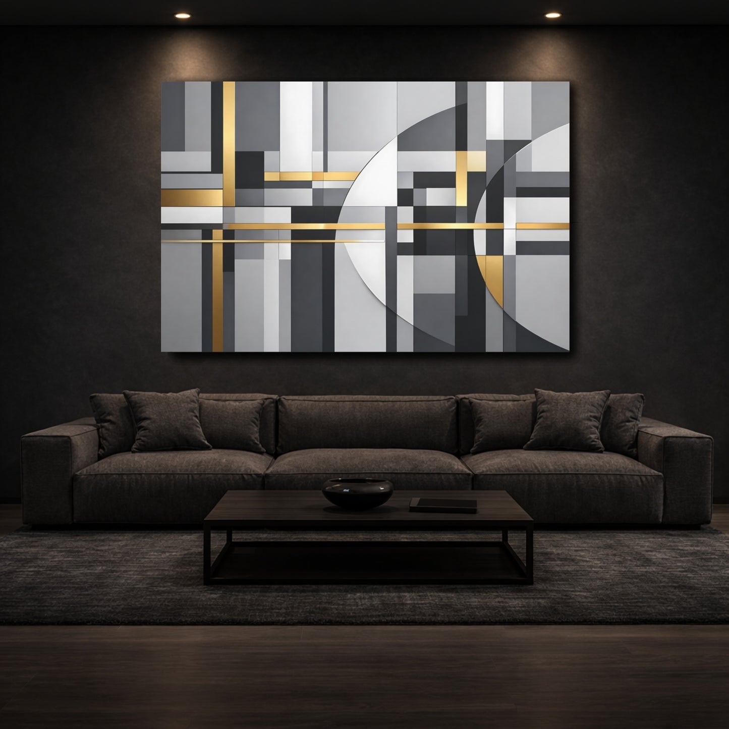 Mockup 2. Abstract Geometric Shapes Grey Gold Abstract shown as stretched canvas wall art