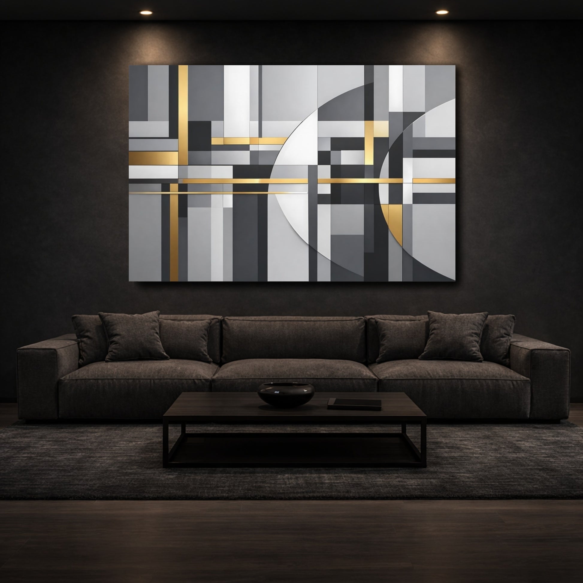 Mockup 2. Abstract Geometric Shapes Grey Gold Abstract shown as stretched canvas wall art