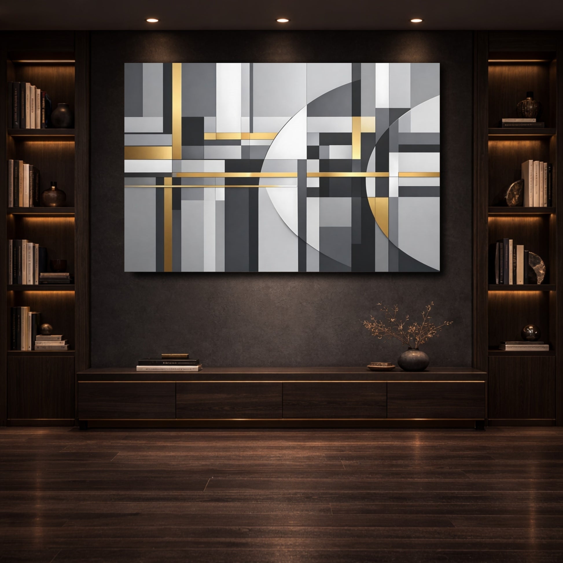 Mockup 3. Abstract Geometric Shapes Grey Gold Abstract shown as stretched canvas wall art