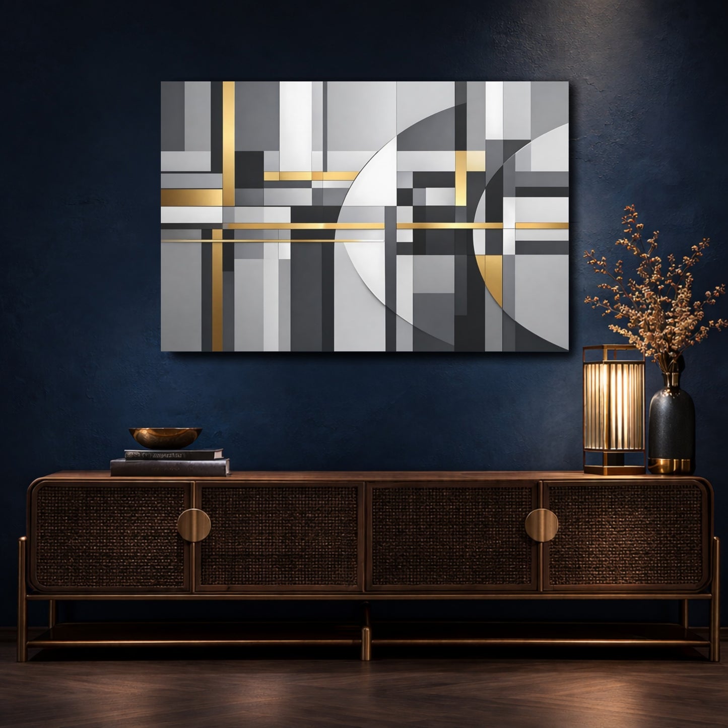 Mockup 4. Abstract Geometric Shapes Grey Gold Abstract shown as stretched canvas wall art