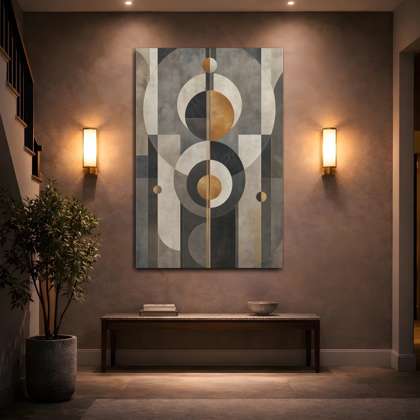 Mockup 2. Abstract Geometric Shapes Grey Gold Geometric shown as stretched canvas wall art