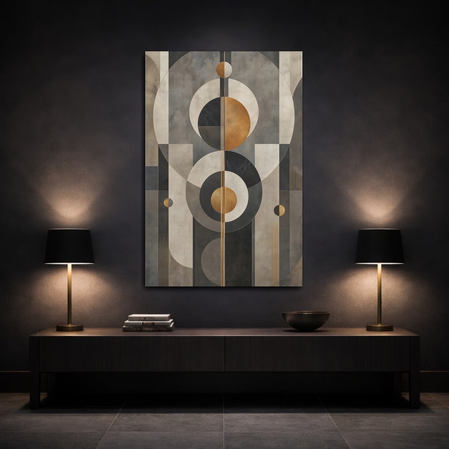 Mockup 3. Abstract Geometric Shapes Grey Gold Geometric shown as stretched canvas wall art
