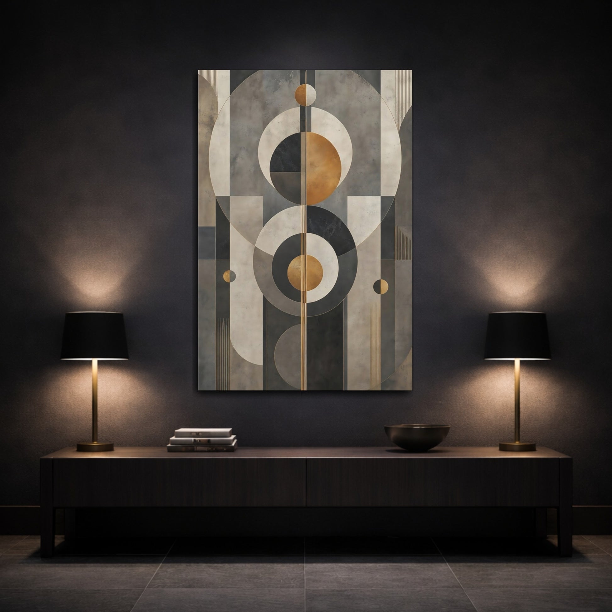 Mockup 3. Abstract Geometric Shapes Grey Gold Geometric shown as stretched canvas wall art