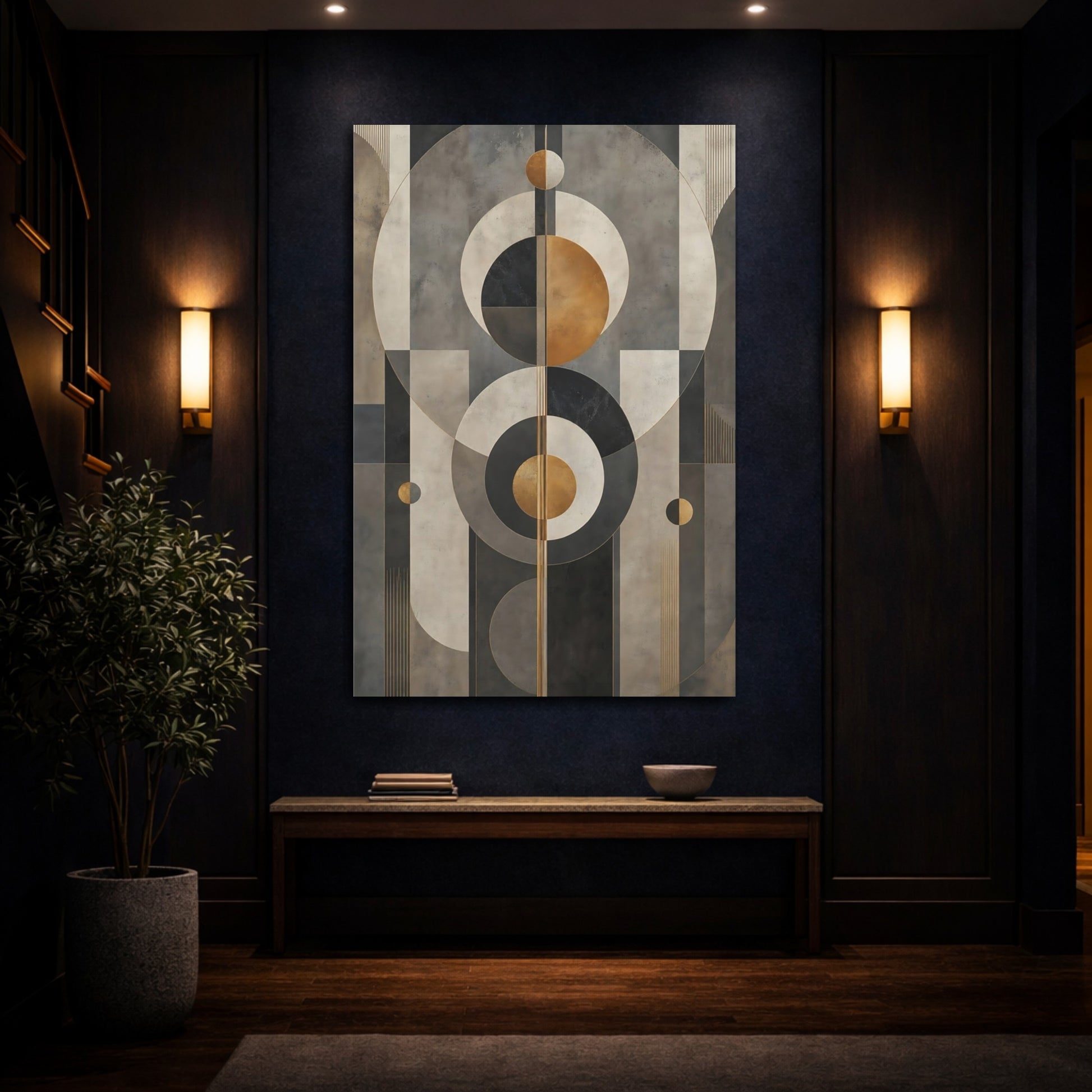 Mockup 4. Abstract Geometric Shapes Grey Gold Geometric shown as stretched canvas wall art