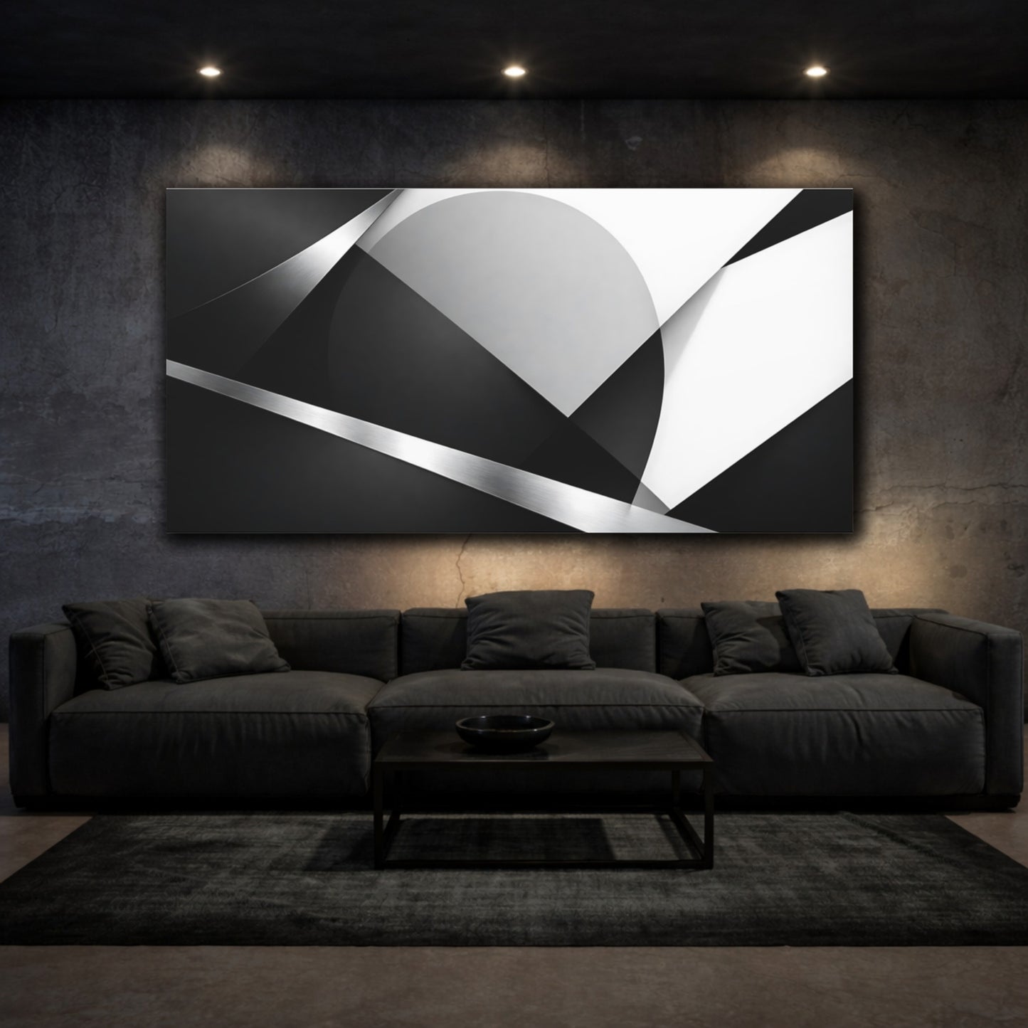 Mockup 2. Abstract Geometric Shapes Monochrome Geometric shown as stretched canvas wall art