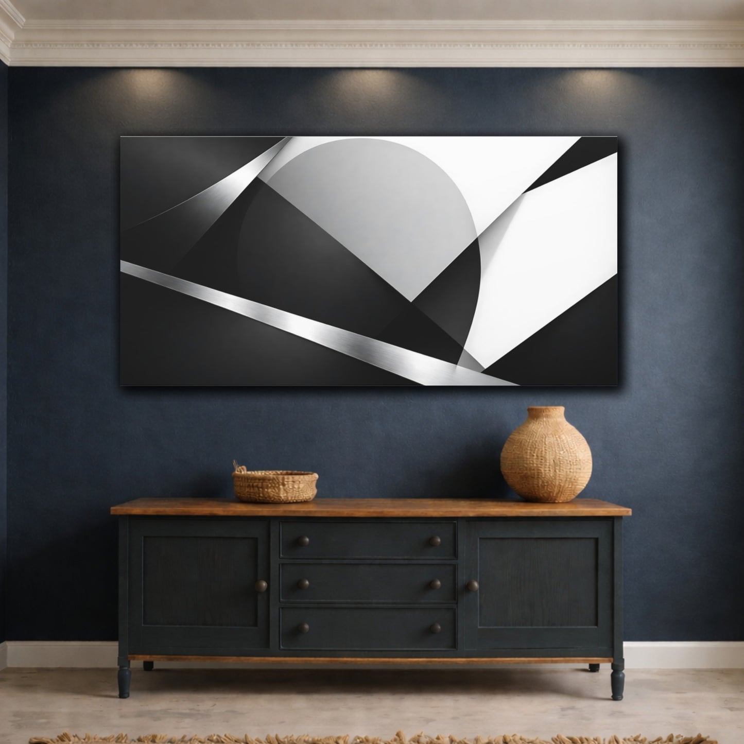 Mockup 4. Abstract Geometric Shapes Monochrome Geometric shown as stretched canvas wall art
