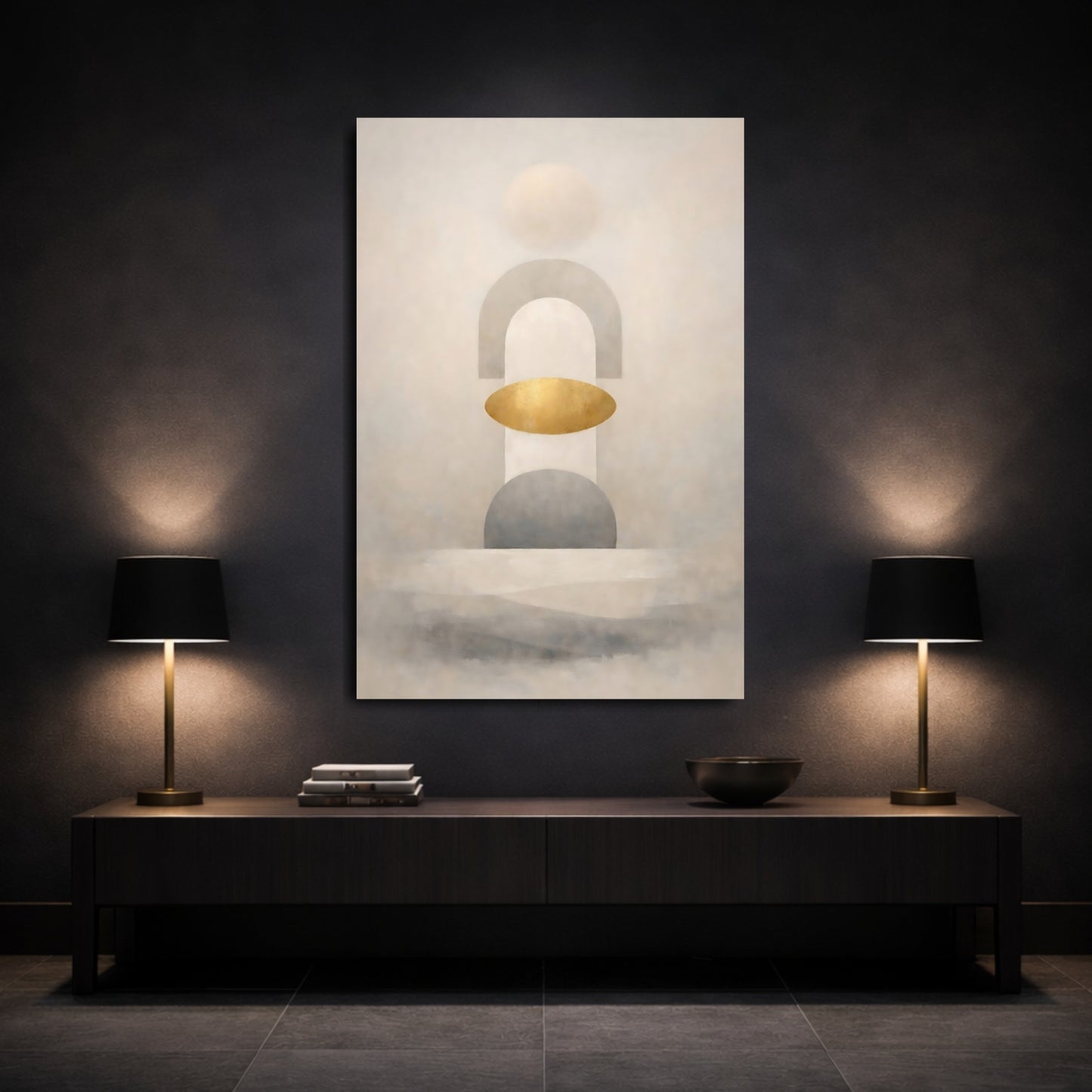 Abstract Geometric Shapes Muted Gold Abstract shown as front canvas room wall art