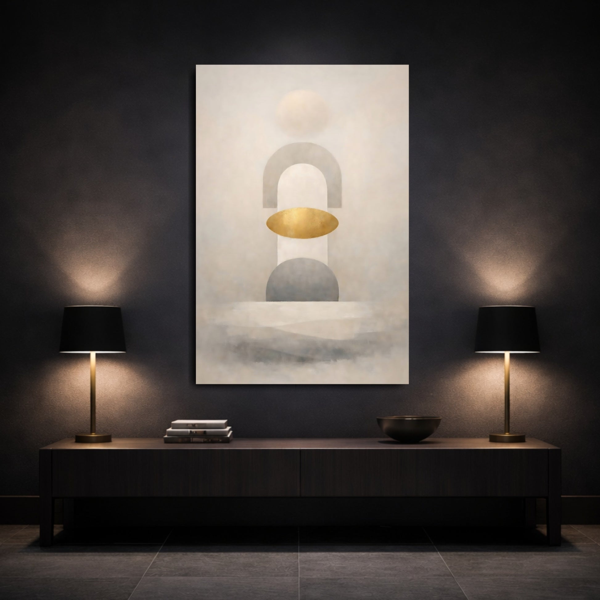 Abstract Geometric Shapes Muted Gold Abstract shown as front canvas room wall art