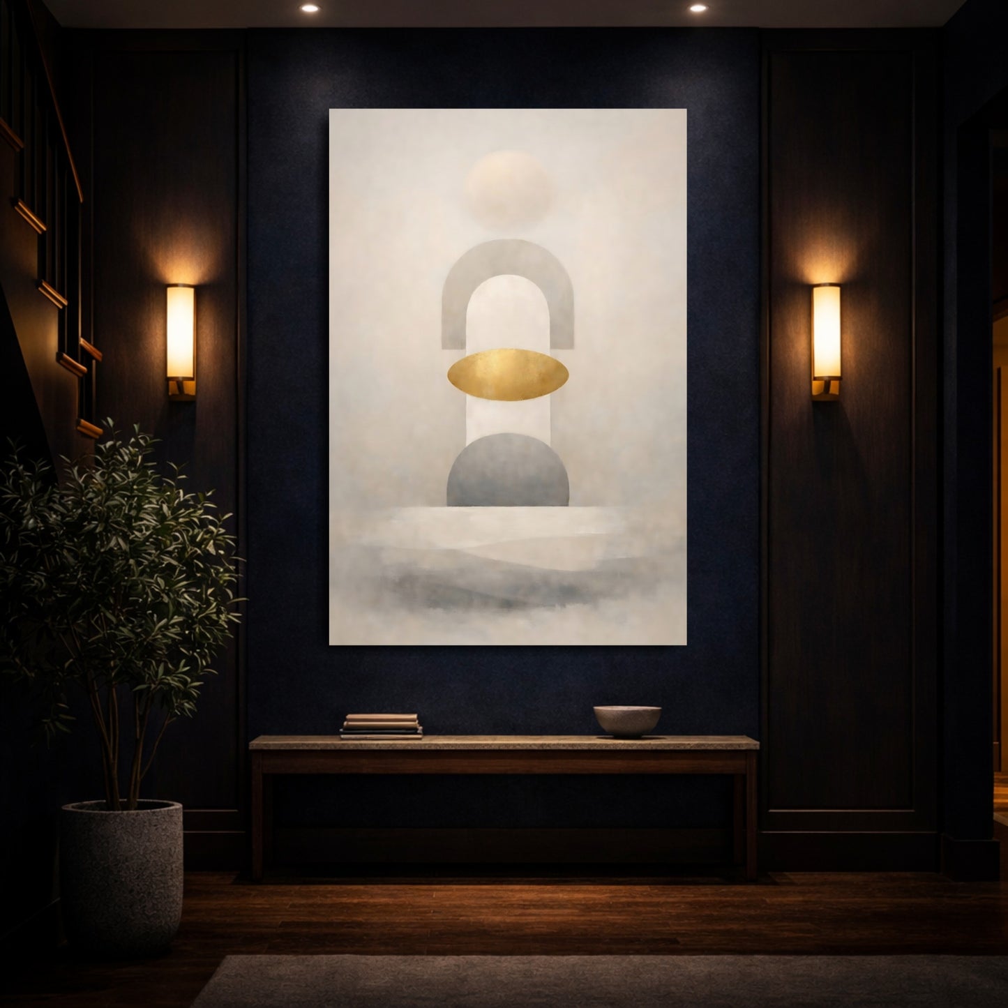 Abstract Geometric Shapes Muted Gold Abstract shown as front canvas room wall art