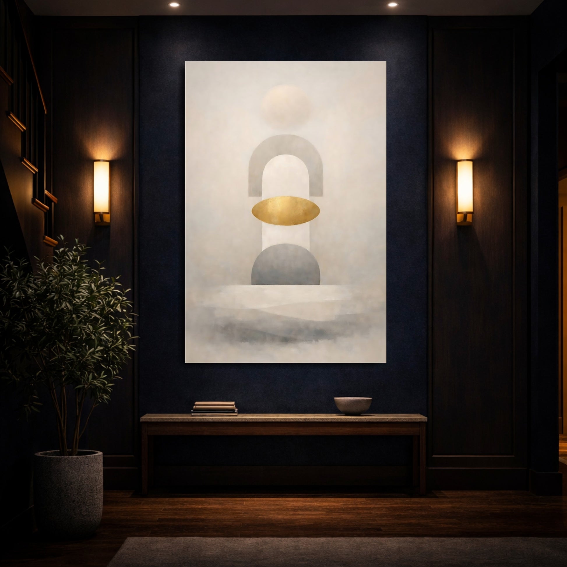 Abstract Geometric Shapes Muted Gold Abstract shown as front canvas room wall art