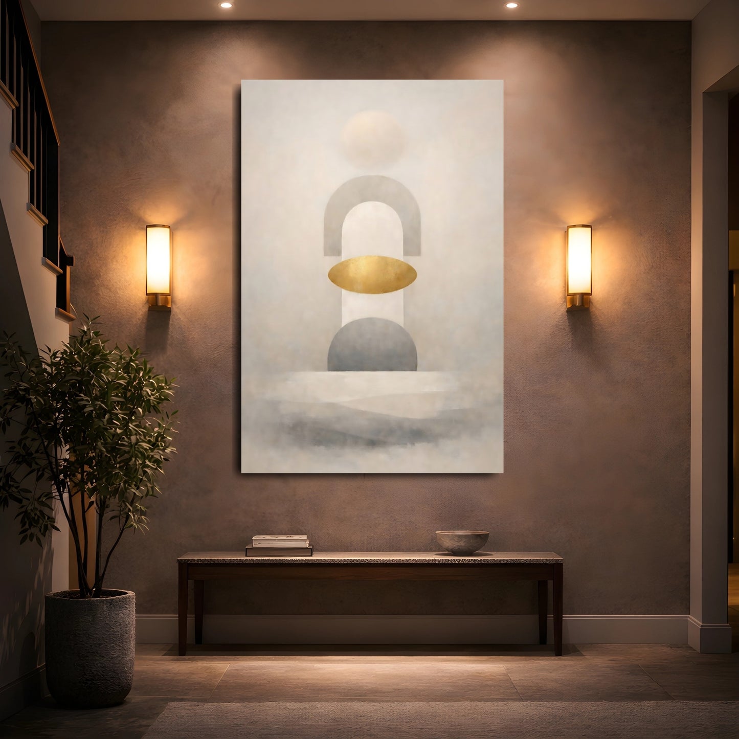 Abstract Geometric Shapes Muted Gold Abstract shown as front canvas room wall art