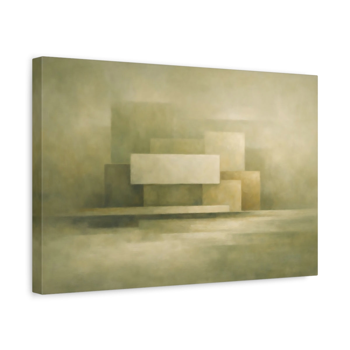 Side Mockup 4. Abstract Geometric Shapes Muted Green Beige shown as stretched canvas wall art