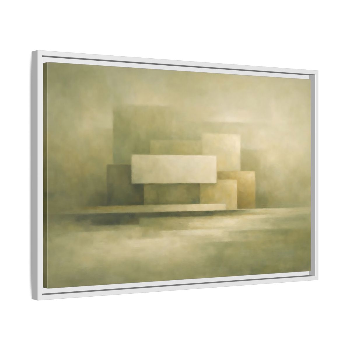 Side Mockup 10. Abstract Geometric Shapes Muted Green Beige shown as stretched canvas wall art