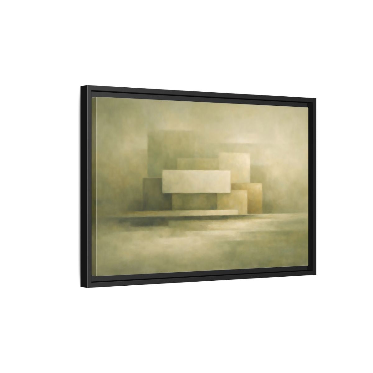 Side Mockup 3. Abstract Geometric Shapes Muted Green Beige shown as stretched canvas wall art