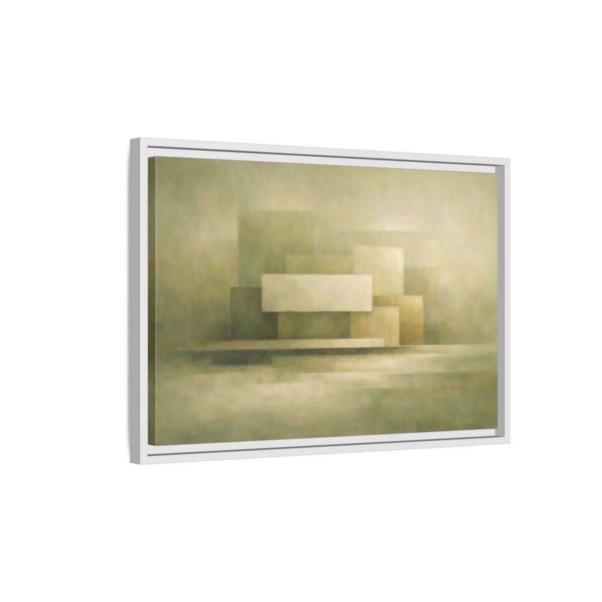 Side Mockup 1. Abstract Geometric Shapes Muted Green Beige shown as stretched canvas wall art