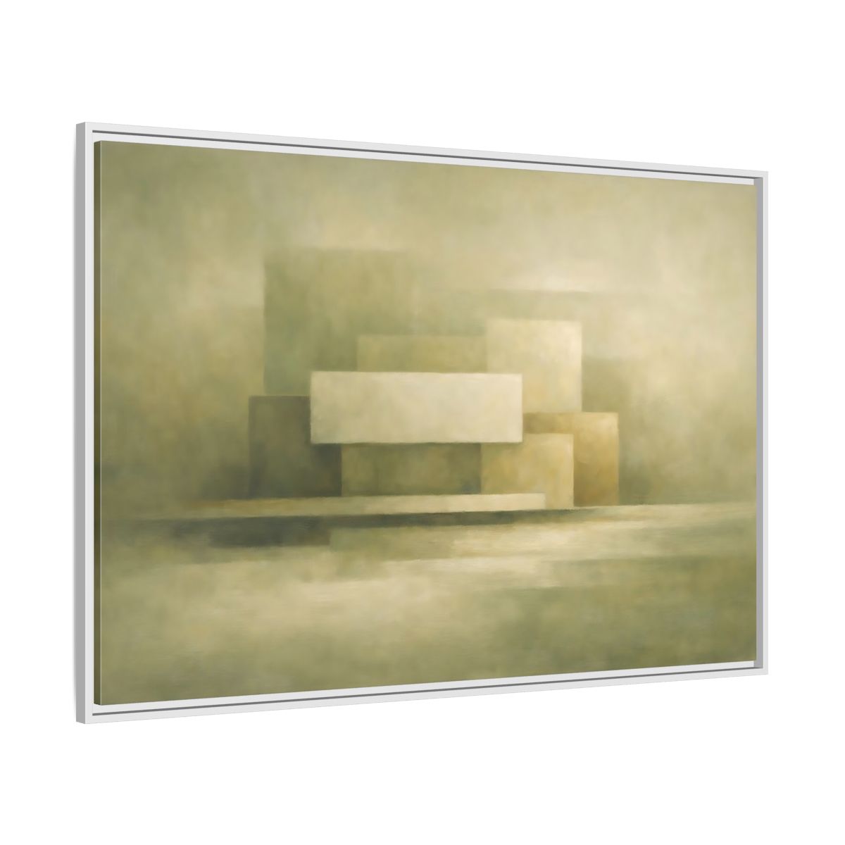 Side Mockup 7. Abstract Geometric Shapes Muted Green Beige shown as stretched canvas wall art