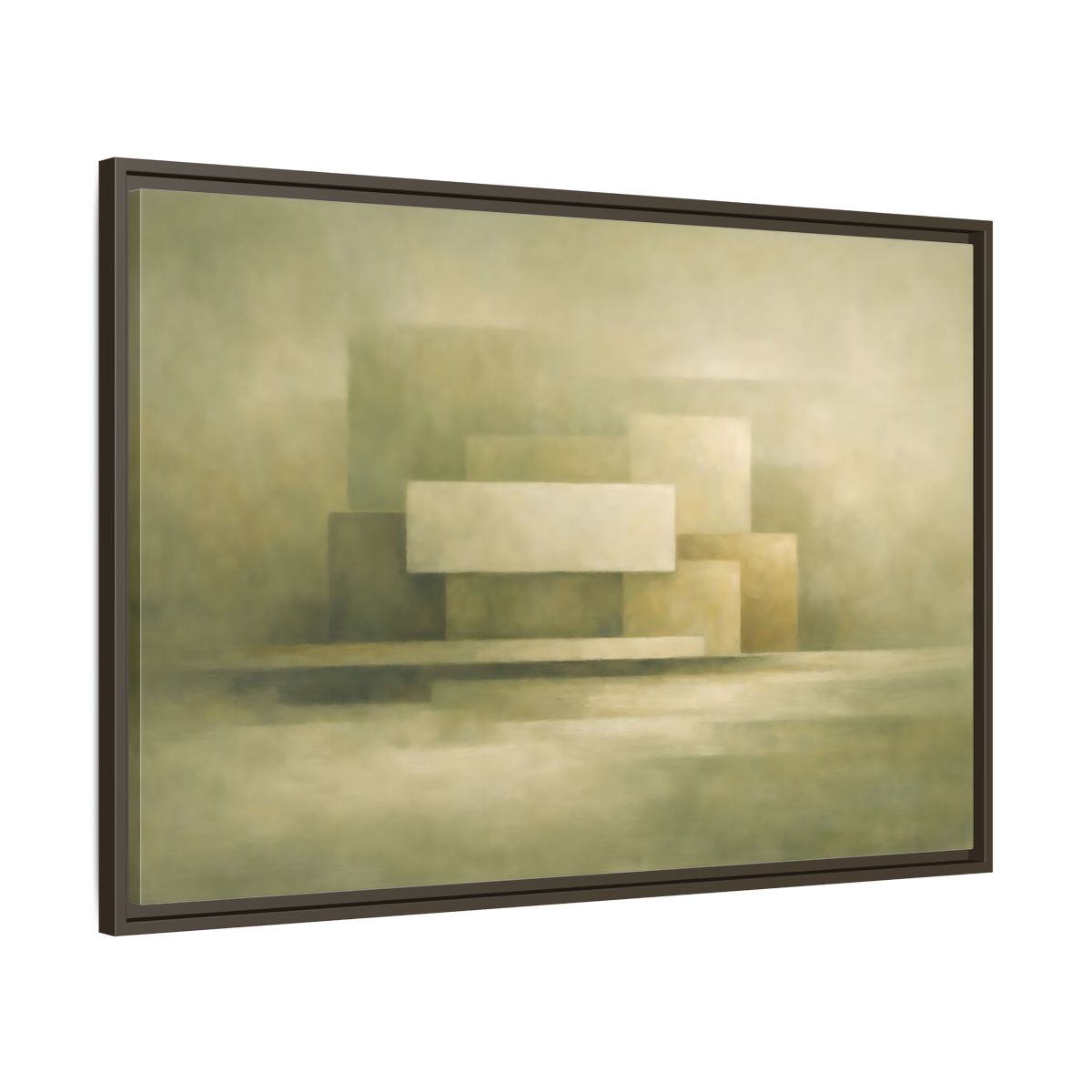 Side Mockup 9. Abstract Geometric Shapes Muted Green Beige shown as stretched canvas wall art