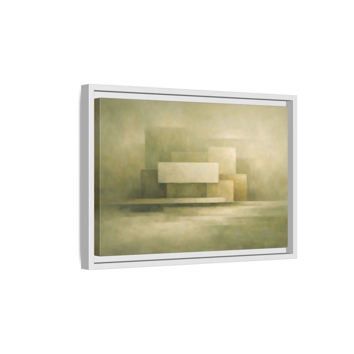 Side Mockup 4. Abstract Geometric Shapes Muted Green Beige shown as stretched canvas wall art