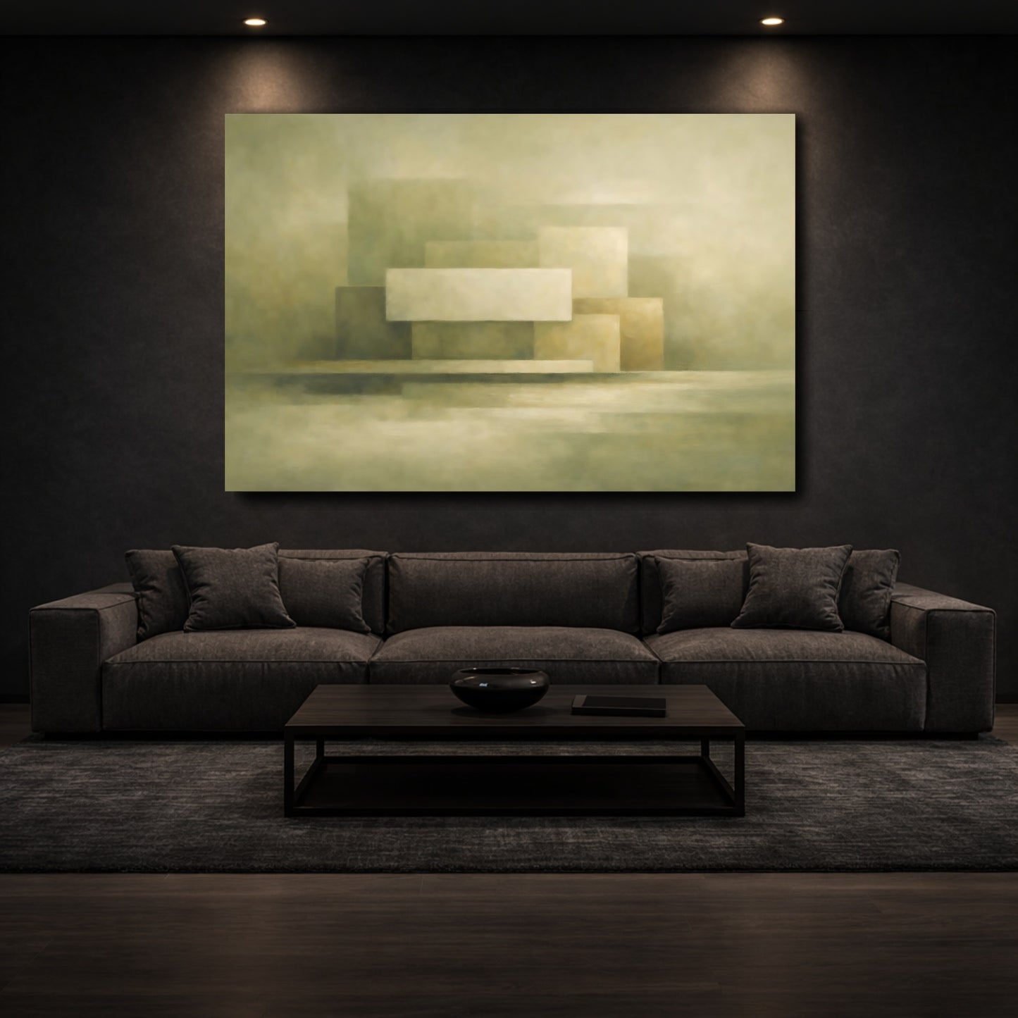 Mockup 2. Abstract Geometric Shapes Muted Green Beige shown as stretched canvas wall art