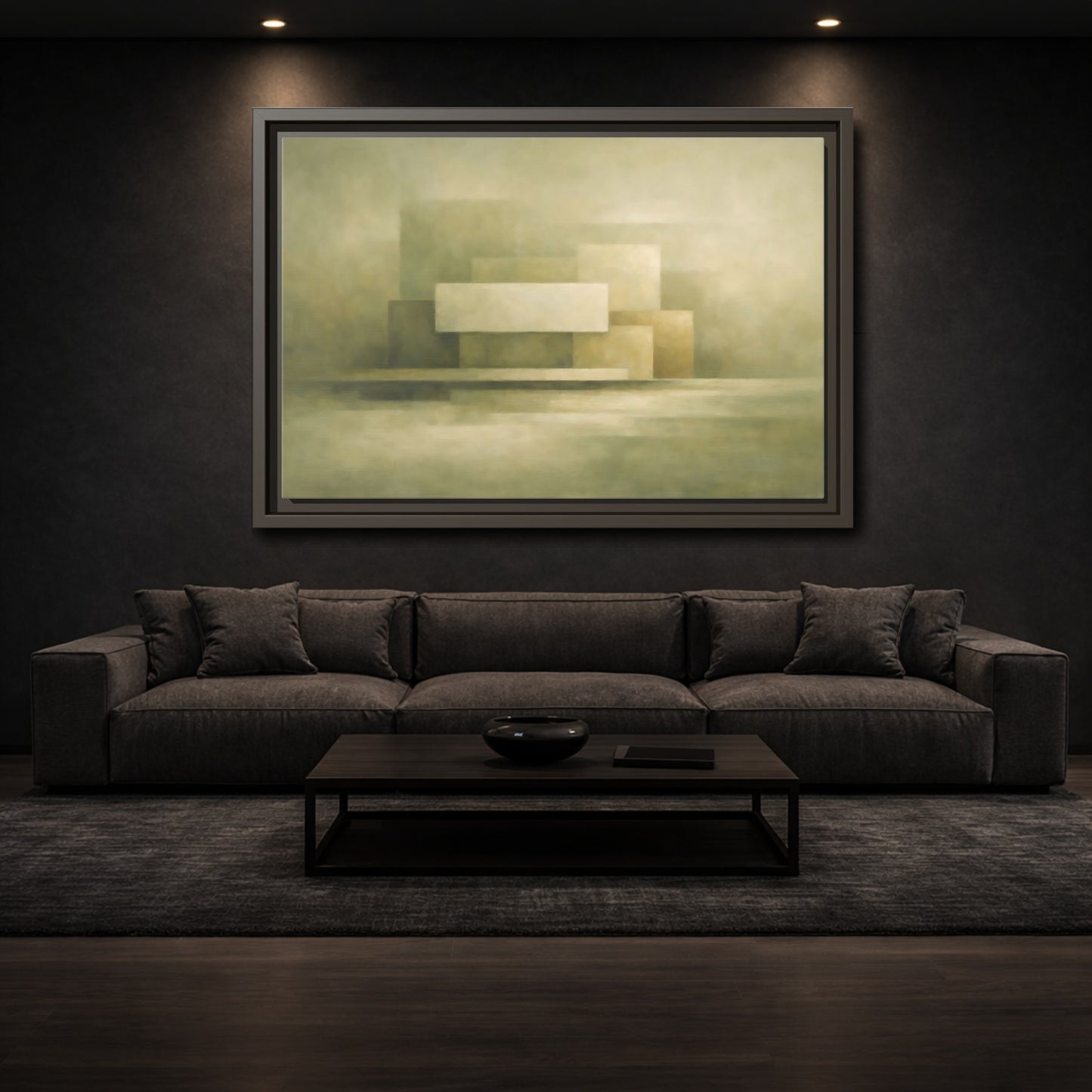 Mockup 2. Abstract Geometric Shapes Muted Green Beige shown as stretched canvas wall art