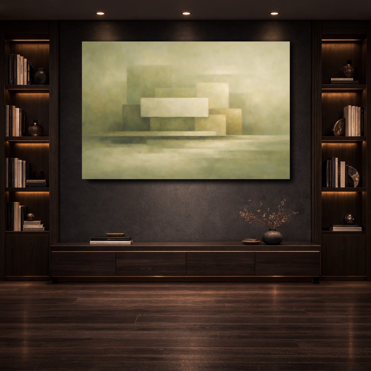 Mockup 3. Abstract Geometric Shapes Muted Green Beige shown as stretched canvas wall art