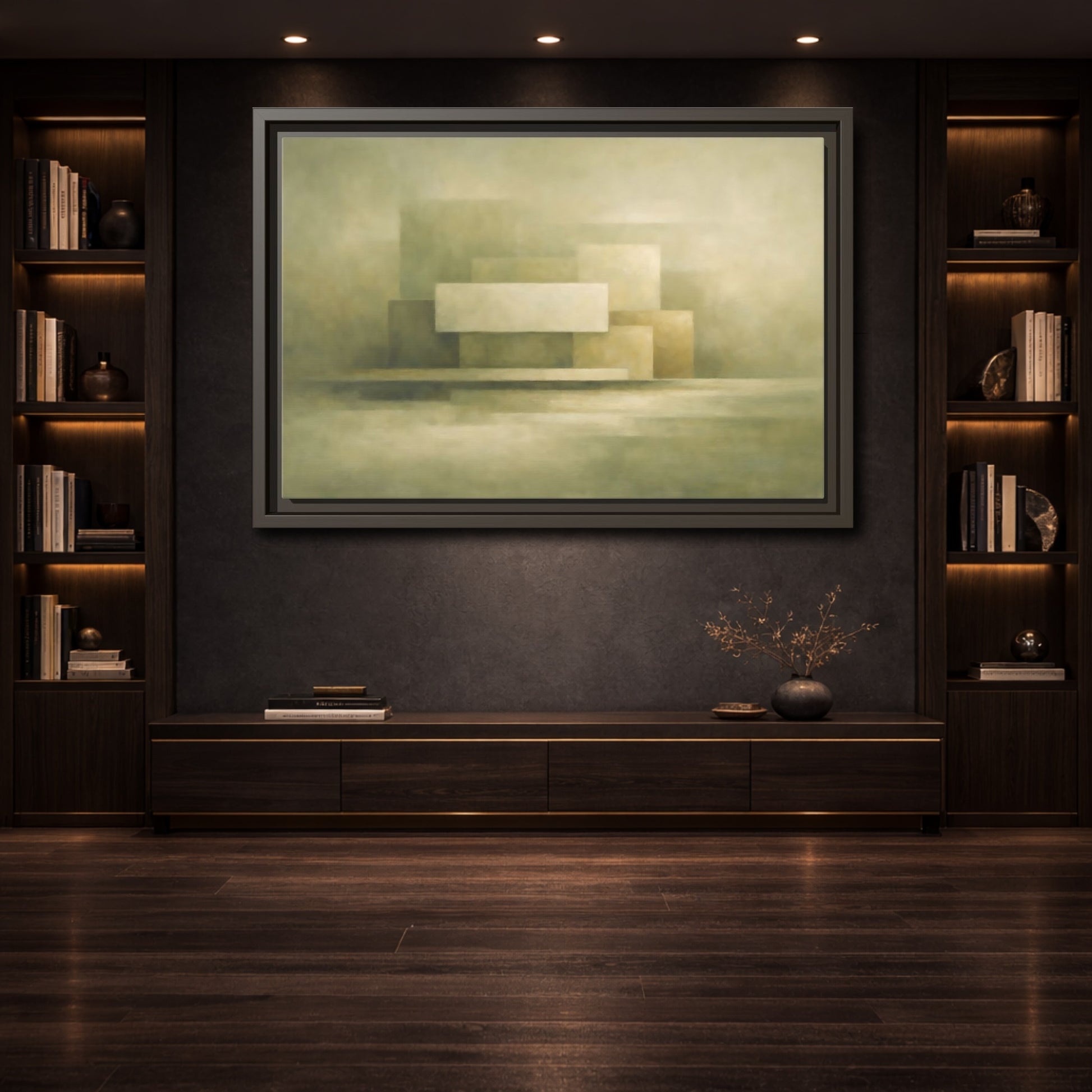 Mockup 3. Abstract Geometric Shapes Muted Green Beige shown as stretched canvas wall art