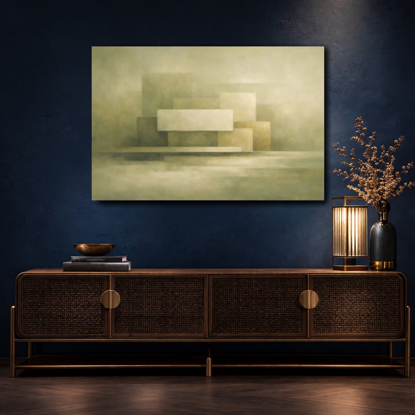 Mockup 4. Abstract Geometric Shapes Muted Green Beige shown as stretched canvas wall art