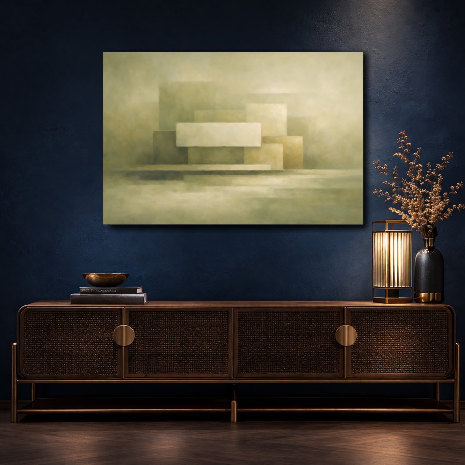 Mockup 4. Abstract Geometric Shapes Muted Green Beige shown as stretched canvas wall art