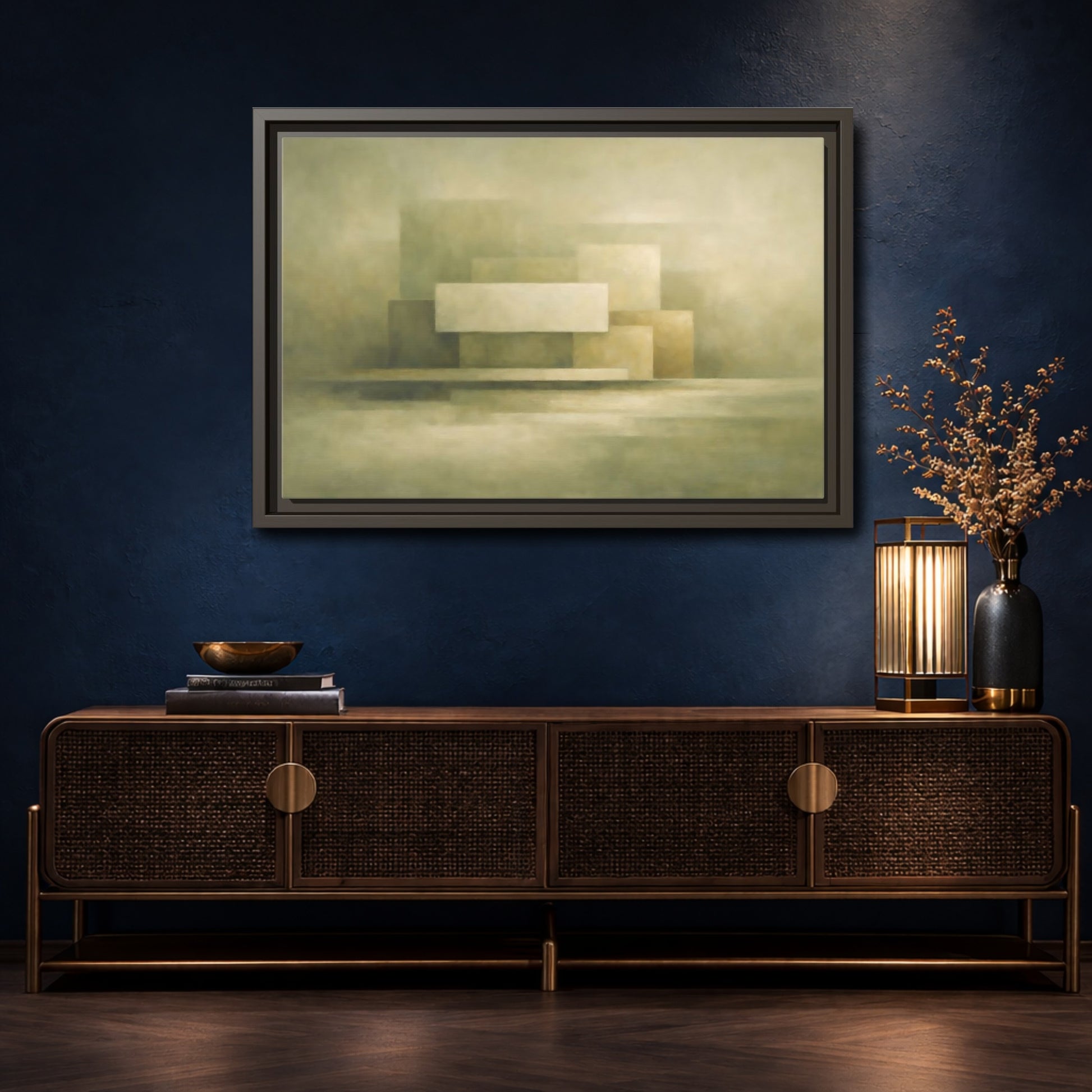 Mockup 4. Abstract Geometric Shapes Muted Green Beige shown as stretched canvas wall art