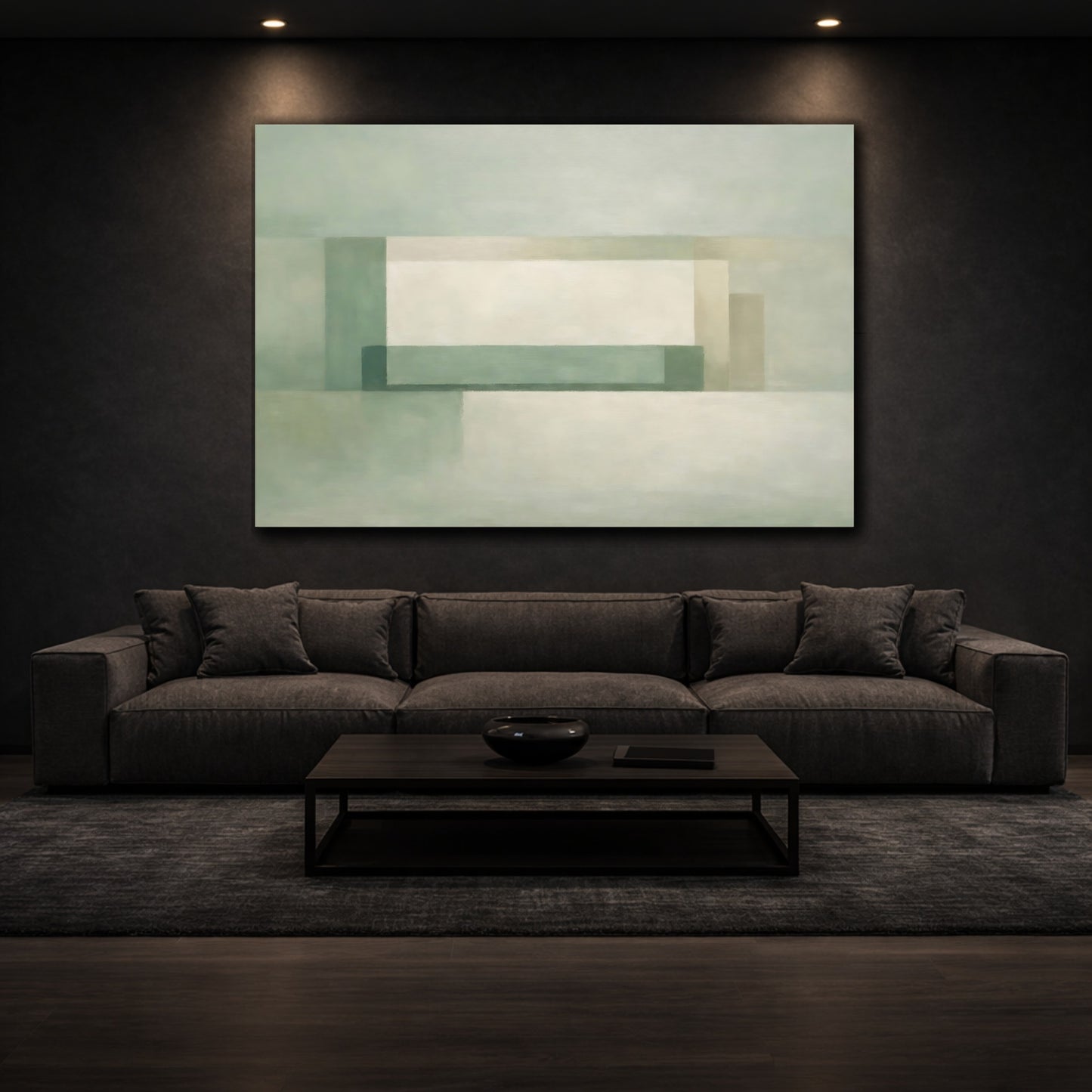 Mockup 2. Abstract Geometric Shapes Muted Green shown as stretched canvas wall art