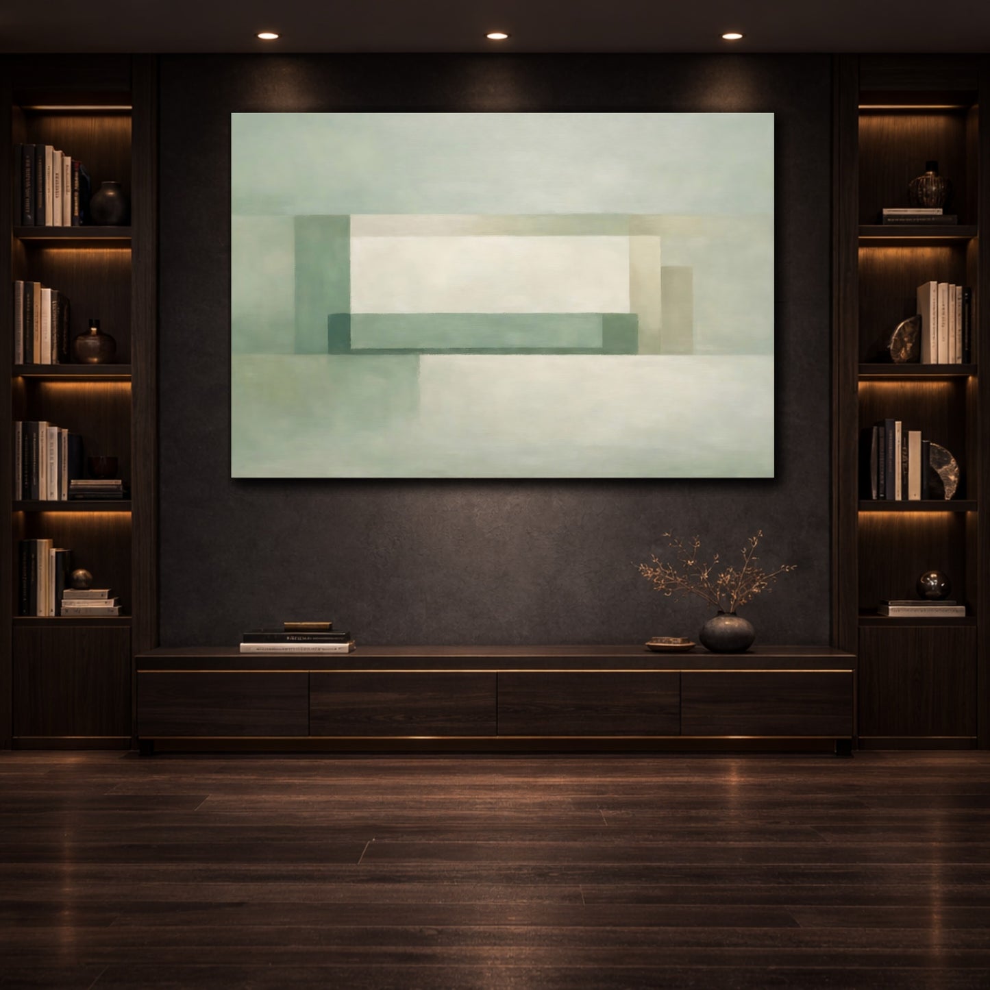 Mockup 3. Abstract Geometric Shapes Muted Green shown as stretched canvas wall art