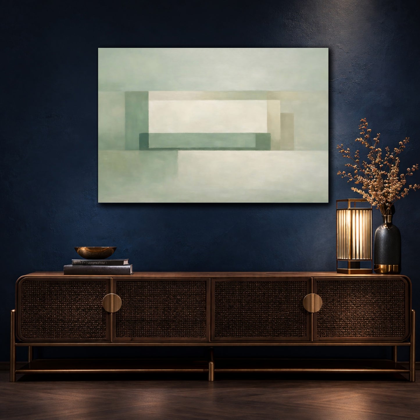Mockup 4. Abstract Geometric Shapes Muted Green shown as stretched canvas wall art