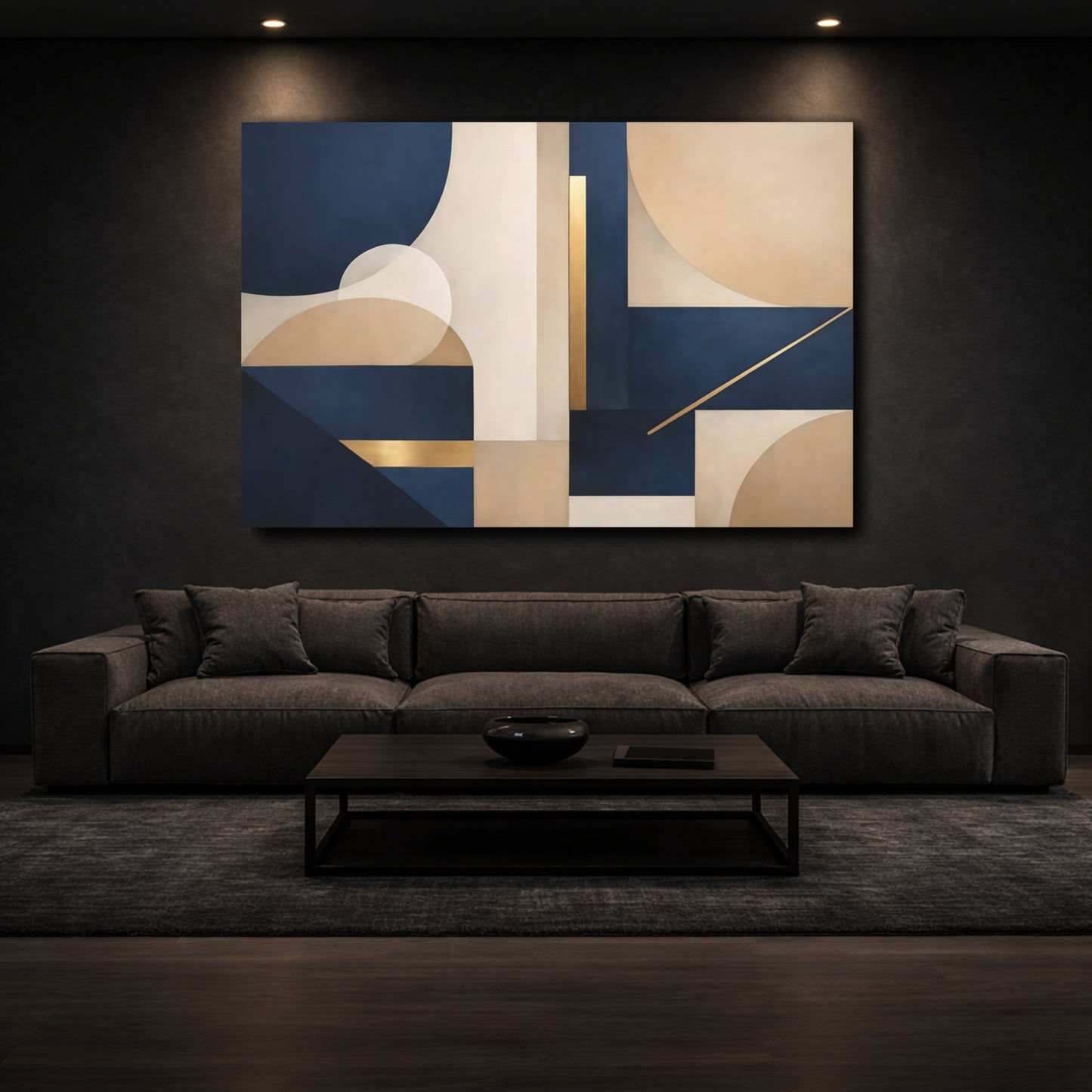 Mockup 2. Abstract Geometric Shapes Navy Blue Gold Abstract shown as stretched canvas wall art