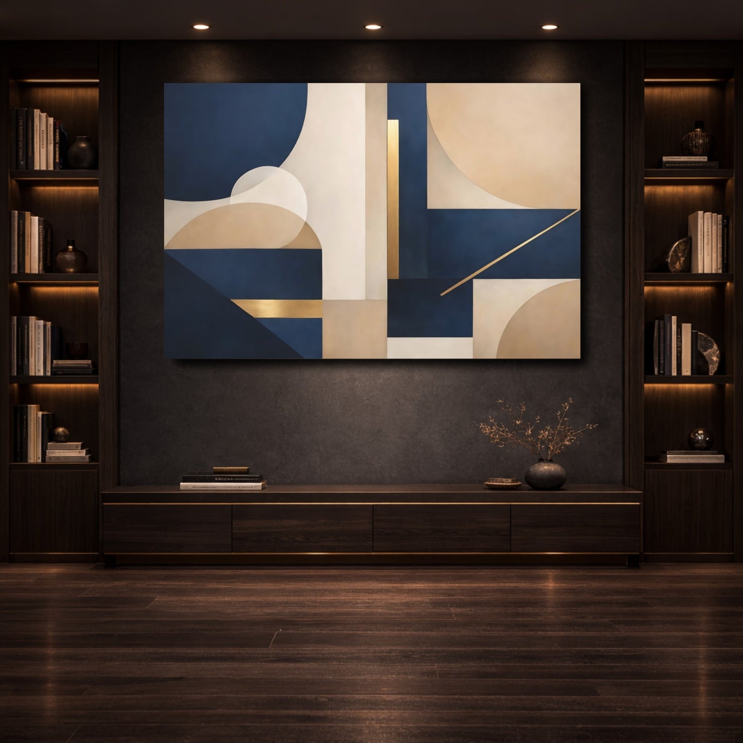 Mockup 3. Abstract Geometric Shapes Navy Blue Gold Abstract shown as stretched canvas wall art