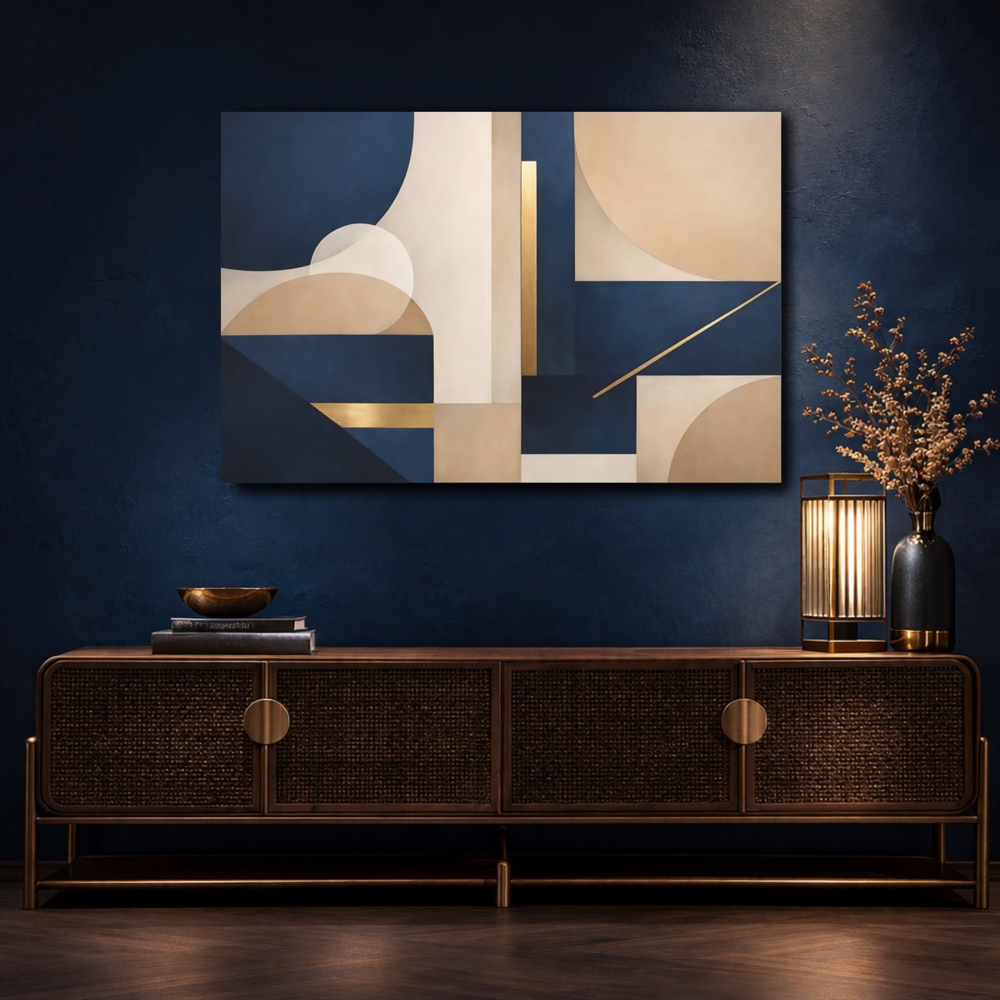 Mockup 4. Abstract Geometric Shapes Navy Blue Gold Abstract shown as stretched canvas wall art
