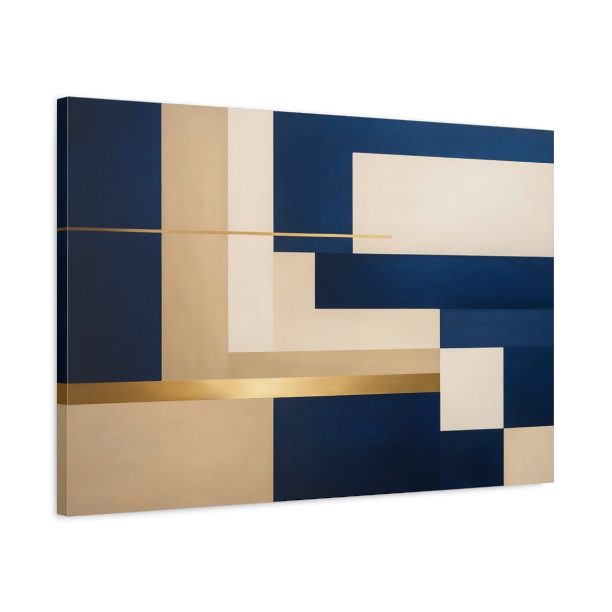 Side Mockup 2. Abstract Geometric Shapes Navy Blue Gold Beige shown as stretched canvas wall art
