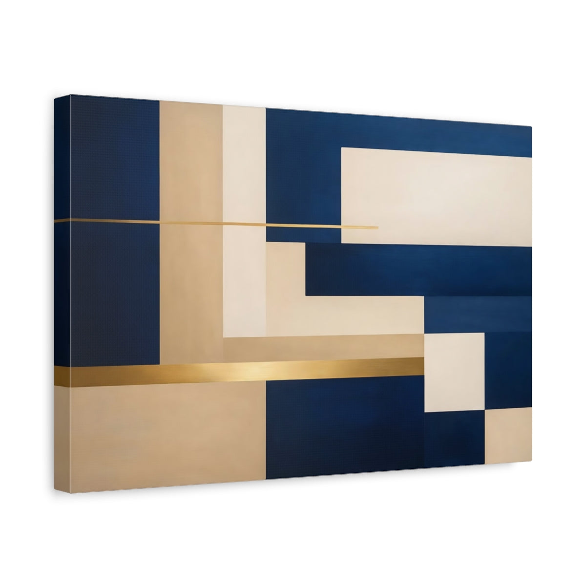 Side Mockup 4. Abstract Geometric Shapes Navy Blue Gold Beige shown as stretched canvas wall art
