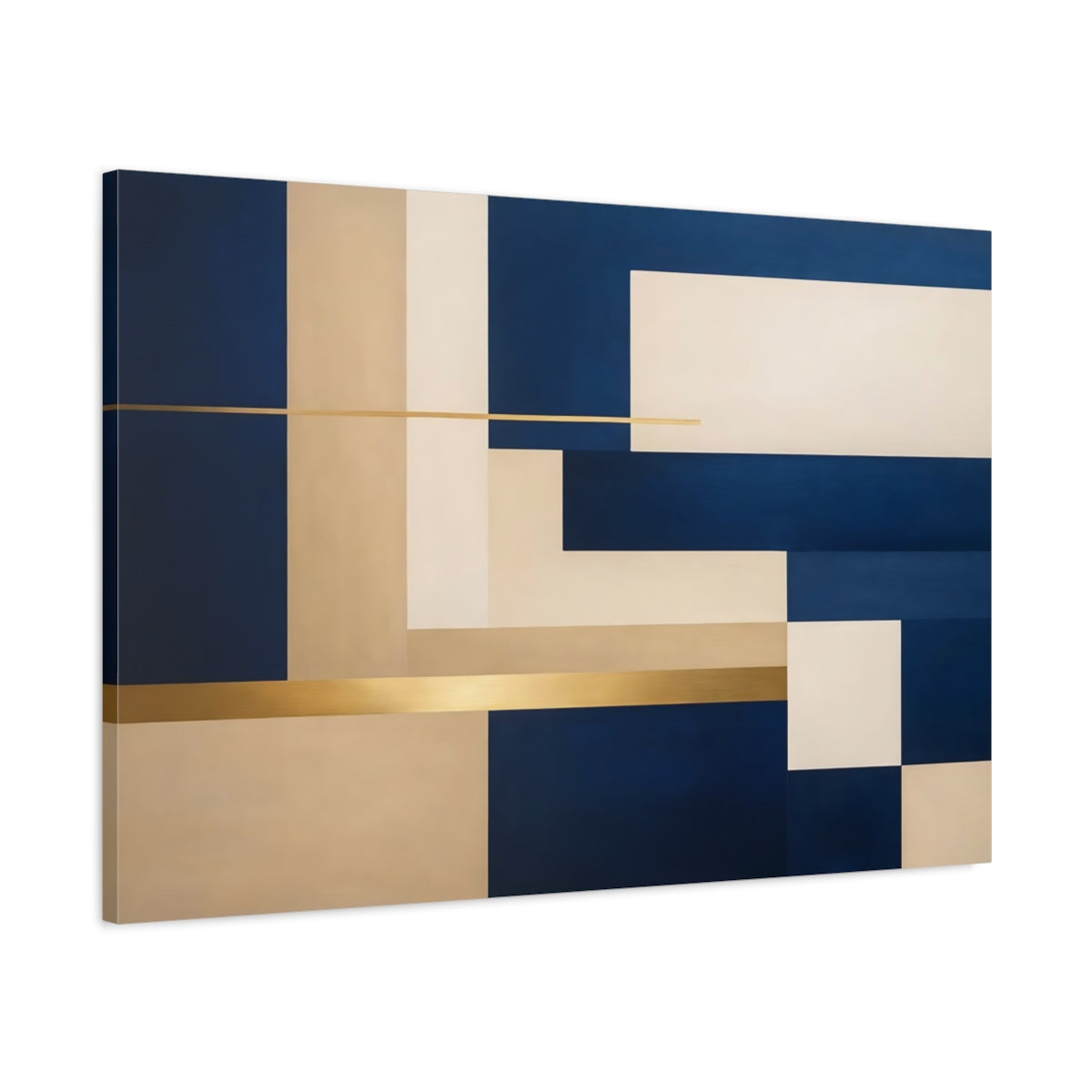 Side Mockup 1. Abstract Geometric Shapes Navy Blue Gold Beige shown as stretched canvas wall art