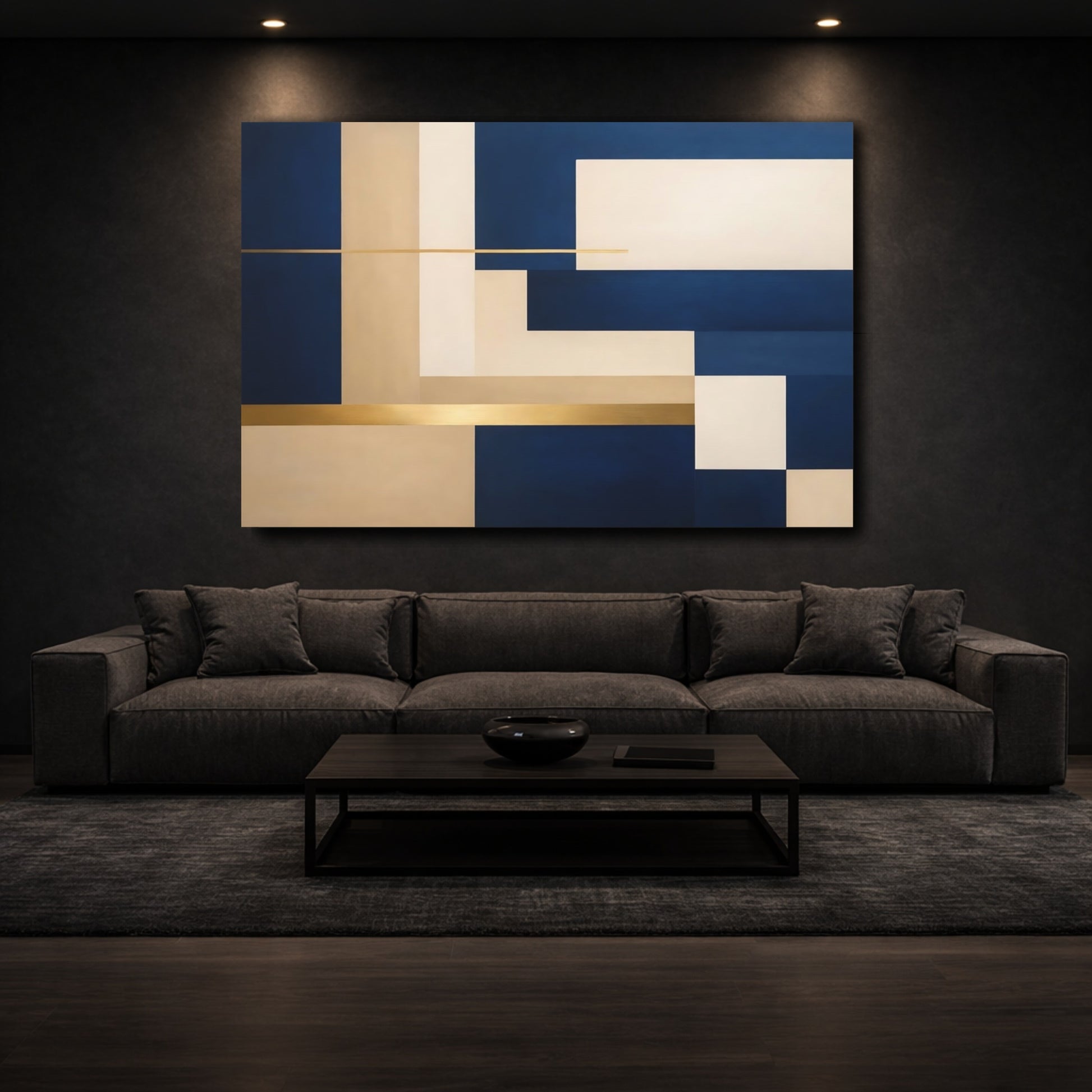 Mockup 2. Abstract Geometric Shapes Navy Blue Gold Beige shown as stretched canvas wall art
