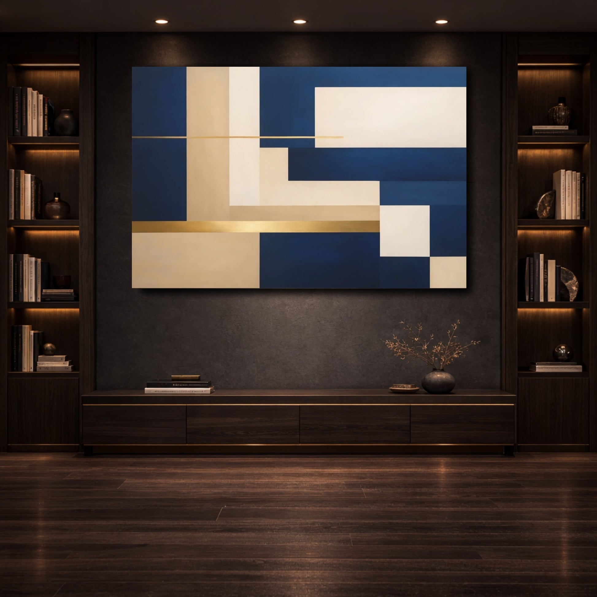 Mockup 3. Abstract Geometric Shapes Navy Blue Gold Beige shown as stretched canvas wall art