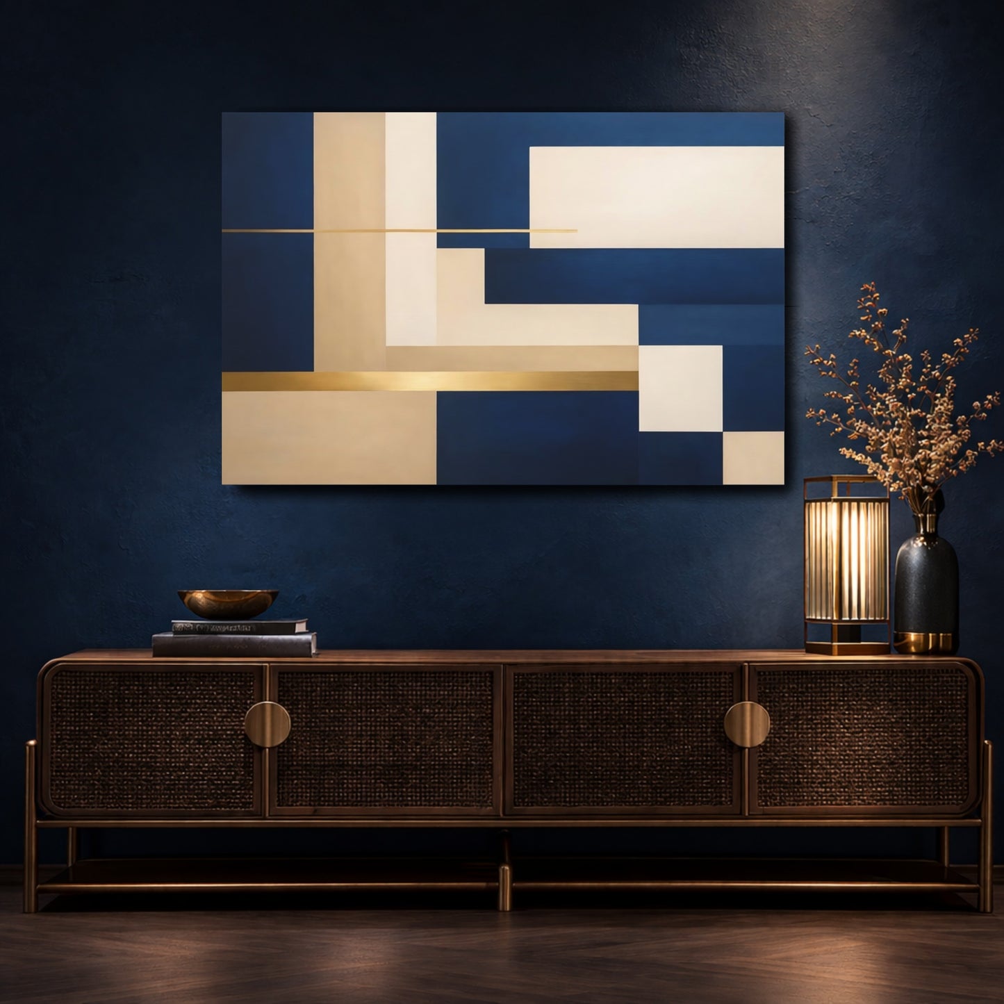 Mockup 4. Abstract Geometric Shapes Navy Blue Gold Beige shown as stretched canvas wall art