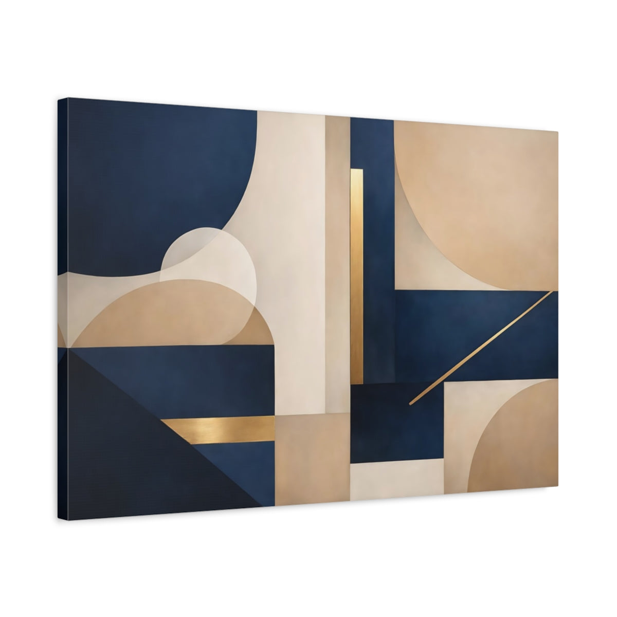 Side Mockup 2. Abstract Geometric Shapes Navy Blue Gold Abstract shown as stretched canvas wall art