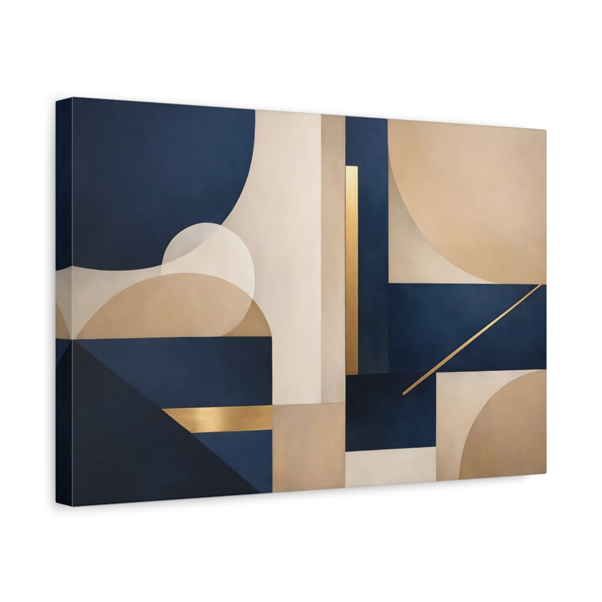 Side Mockup 4. Abstract Geometric Shapes Navy Blue Gold Abstract shown as stretched canvas wall art