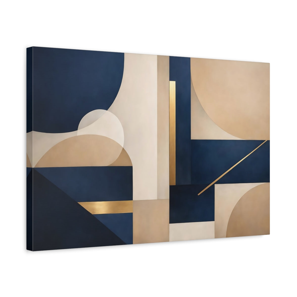 Side Mockup 3. Abstract Geometric Shapes Navy Blue Gold Abstract shown as stretched canvas wall art
