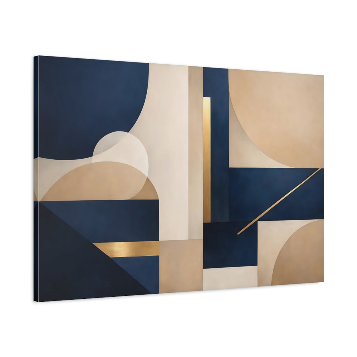 Side Mockup 1. Abstract Geometric Shapes Navy Blue Gold Abstract shown as stretched canvas wall art