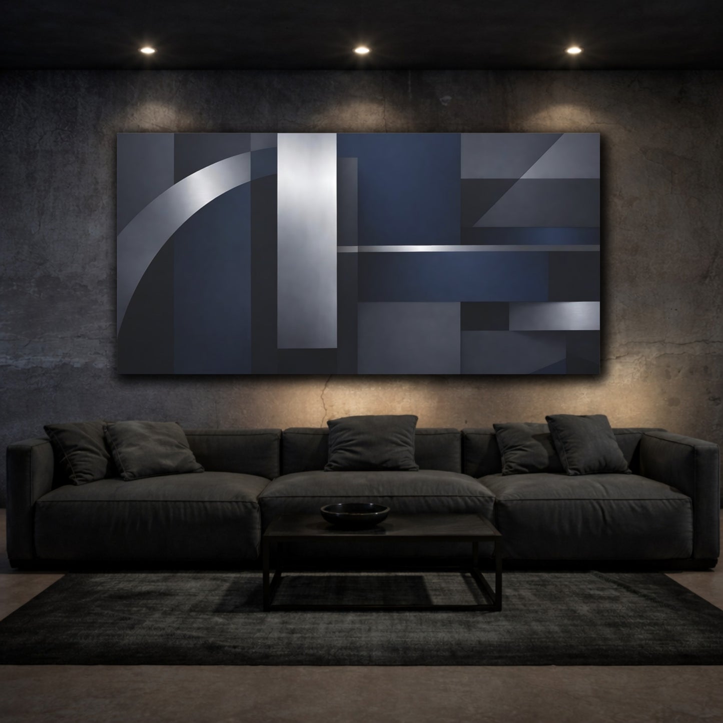 Mockup 2. Abstract Geometric Shapes Navy Blue Silver shown as stretched canvas wall art