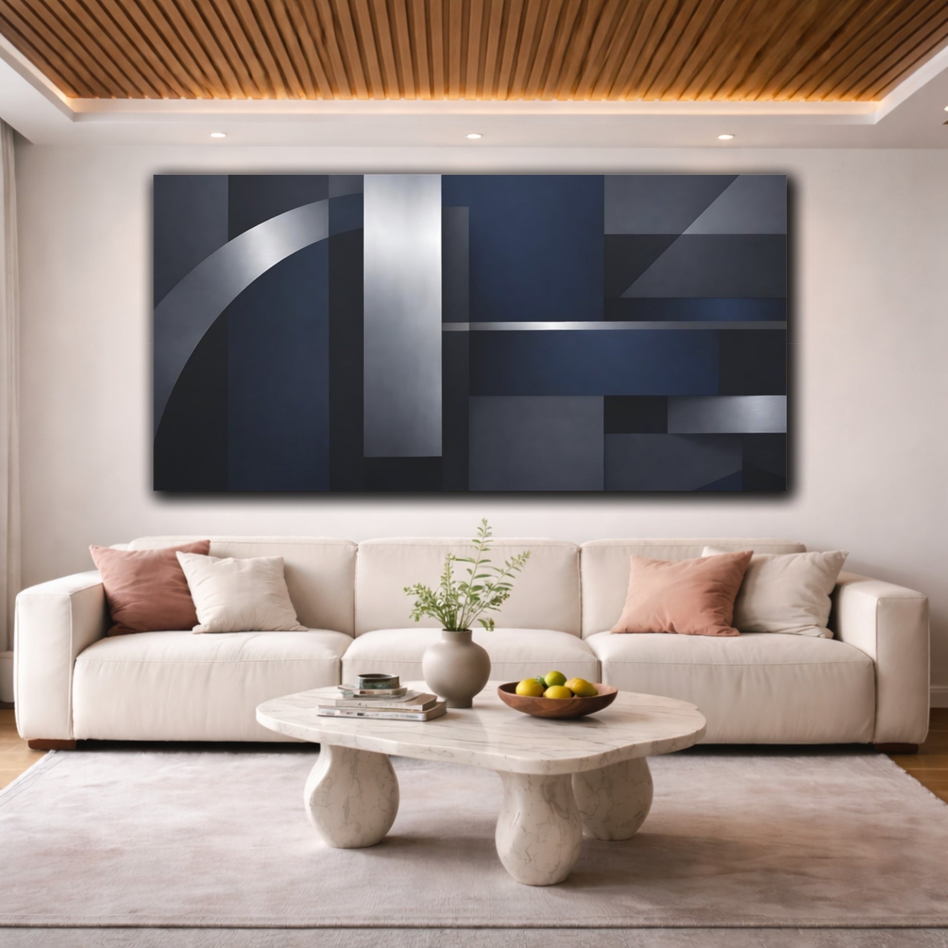 Mockup 3. Abstract Geometric Shapes Navy Blue Silver shown as stretched canvas wall art