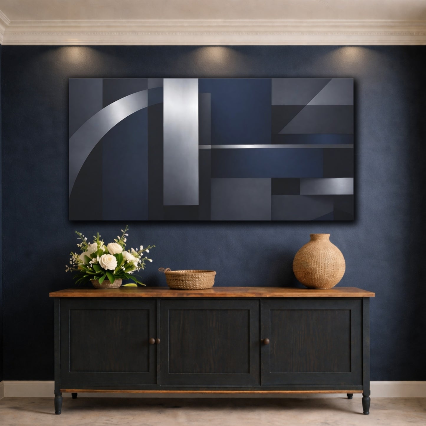 Mockup 4. Abstract Geometric Shapes Navy Blue Silver shown as stretched canvas wall art